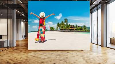 Happy traveler woman on vacation luxury beach joy beautiful scenic landscape Mook island Attraction famous place tourist travel Phuket Trang Thailand fun beach, Tourism destination Asia summer holiday Wall mural