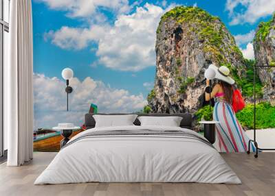 lifestyle traveler woman stand on famous beach look joy beautiful nature scenic landscape ao nang be Wall mural