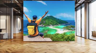 Outdoor adventure man traveler on top island joy fun beautiful nature scenic landscape vacation beach Koh Nang Yuan Attraction landmark tourist travel Thailand summer holiday, Tourism destination Asia Wall mural