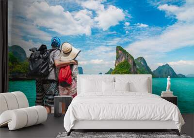 Outdoor couple traveler joy beautiful nature scenic landscape Phang-Nga bay, Attraction adventure landmark tourist travel Phuket Thailand summer holiday vacation trip, Tourism destination scenery Asia Wall mural