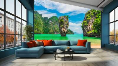 Panorama amazed nature scenic landscape James bond island with couple traveler Phang-Nga bay, Attraction famous landmark tourist travel Phuket Thailand vacation, Tourism beautiful destination Asia Wall mural