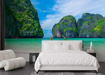 Panorama amazed nature scenic landscape Maya Bay with boat for traveler, Attraction famous popular place tourist travel Phuket Thailand beach summer vacation trips, Tourism beautiful destination Asia Wall mural