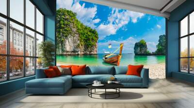 Panorama amazed nature scenic landscape Maya Bay with boat for traveler, Attraction famous popular place tourist travel Phuket Thailand beach summer vacation trips, Tourism beautiful destination Asia Wall mural