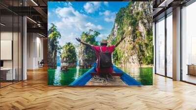 Panorama traveler man on boat joy fun amazed nature rock island adventure scenic landscape Khao Sok National park, Famous place tourist travel Thailand Tourism beautiful destination Asia vacation trip Wall mural