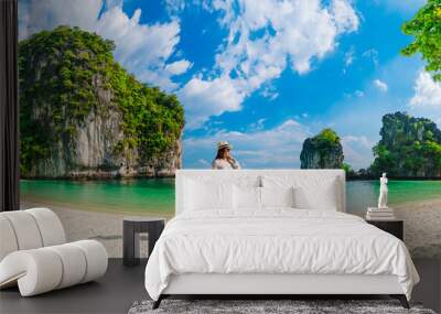 Panorama traveler woman on vacation beach joy nature scenic landscape Hong island Krabi, Attraction famous landmark tourist travel Phuket Thailand summer holiday trip, Beautiful destination place Asia Wall mural