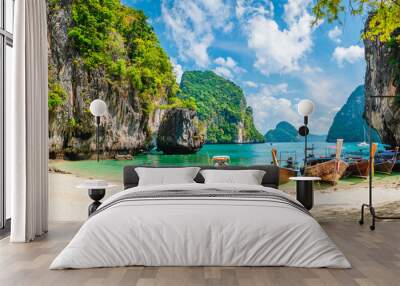 Panoramic nature scenic landscape Lao Lading island beach with boat for traveler, Attraction famous place tourist travel Krabi Phuket Thailand summer vacation holiday trips, Beautiful destination Asia Wall mural