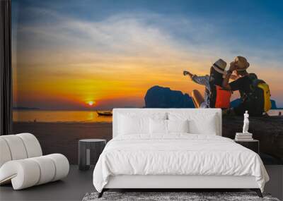 romantic couple traveler joy look beautiful nature at sunset pak meng beach outdoor lifestyle attrac Wall mural