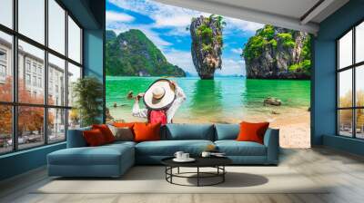 Stunning amazed nature scenic landscape with traveler woman on beach look joy James Bond island Famous landmark travel Phuket Thailand Tourism beautiful destination Asia Summer holidays vacation trips Wall mural