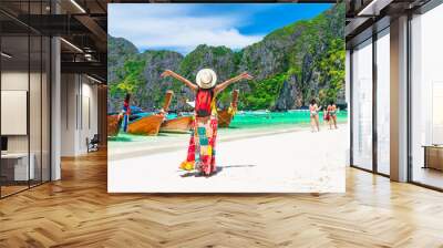 Summer lifestyle woman traveler joy on sunny beach Maya bay Phi Phi island Krabi, Famous place tourist travel Phuket Thailand fun beach, Tourism beautiful destination Asia summer holiday vacation trip Wall mural