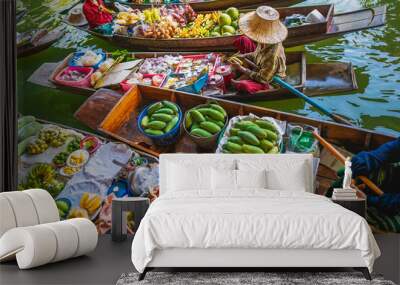 Top view Damnoen Saduak business floating market, Fruit food on Thai tradition boat in canal, Popular famous landmark water tourist travel Bangkok Thailand, Tourism beautiful destinations place Asia Wall mural