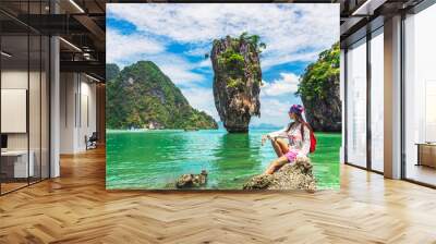 Traveler woman joy amazed wonder nature scenic landscape James Bond Island, Famous popular landmark tourist travel Phuket Thailand summer holiday vacation, Tourism beautiful destination place Asia Wall mural