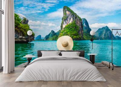 Traveler woman looking amazed nature scenic landscape tropical island Phang-Nga bay Adventure lifestyle tourist travel Phuket Thailand summer holiday vacation  Tourism beautiful destination place Asia Wall mural