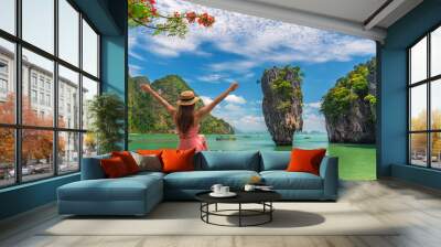 Traveler woman on beach bay joy fun nature scenic landscape James Bond Island, Famous attraction landmark tourist travel Phuket Thailand holiday vacation trip Tourism beautiful destination place Asia Wall mural