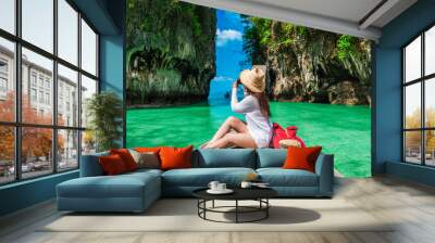 Traveler woman on boat with camera joy nature scenic landscape Ko Hong island Krabi, Attraction famous place tourist travel Phuket Thailand summer holiday vacation trip, Beautiful destination Asia Wall mural