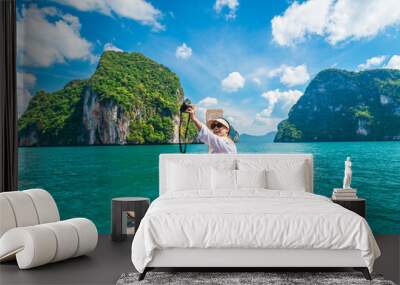 Traveler woman on boat with camera joy nature scenic landscape Lao Lading island Krabi, Attraction famous place tourist travel Phuket Thailand summer holiday vacation trip, Beautiful destination Asia Wall mural