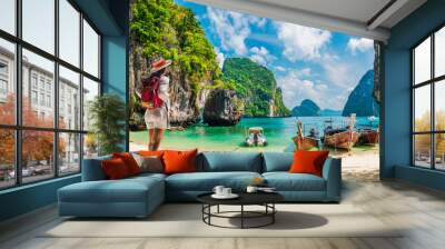 Traveler woman on vacation beach joy nature panorama view scenic landscape island Krabi, Attraction famous popular place tourist travel Phuket Thailand summer holiday trips, Beautiful destination Asia Wall mural