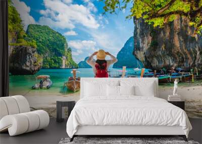 Traveler woman on vacation beach joy nature view scenic landscape island Krabi, Attraction famous popular place tourist travel Phuket Thailand summer holiday trips, Tourism beautiful destination Asia Wall mural