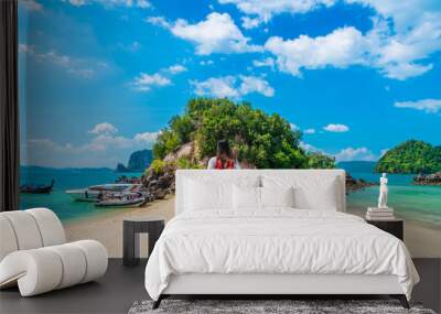 Traveler woman on vacation beach joy nature view scenic landscape Phakbia island Krabi, Attraction famous popular place tourist travel Phuket Thailand summer holiday trip, Beautiful destination Asia Wall mural