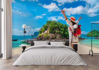 Traveler woman on vacation beach joy nature view scenic landscape Phakbia island Krabi, Attraction famous popular place tourist travel Phuket Thailand summer holiday trip, Beautiful destination Asia Wall mural