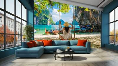 Traveler woman relaxing on swing joy nature scenic landscape Lao Lading beach island Krabi, Famous place tourist travel Phuket Thailand summer holiday vacation trip, Tourism beautiful destination Asia Wall mural