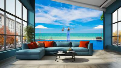 wide panorama happy traveler woman on edge infinity pool joy fun nature view scenic landscape, leisu Wall mural