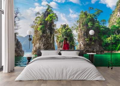 Woman traveler on boat joy nature view rock island scenic landscape Khao Sok National Park, Famous attraction adventure place travel Thailand, Tourism beautiful destinations Asia holiday vacation trip Wall mural