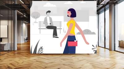 a modern girl walks through the park, a guy sitting on a bench looks at her creative vector illustra Wall mural