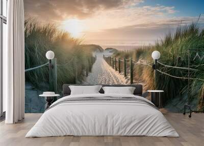 a sunrise at the beach with tall sand dunes and a path in the style of light pink and light gray Wall mural