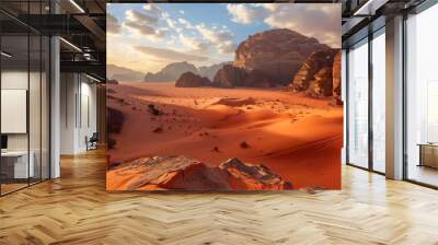 A vast desert landscape with towering red sand dunes bathed in the warm glow of the midday sun. Wall mural