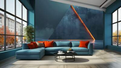 A dark blue triangle with copper edges on the right side of it, against a solid background, illuminated by light from above.  Triangle. Pyramid. AI Generated Wall mural