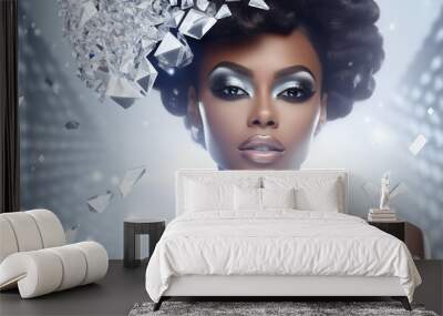 Fictitious African American woman in white on diamond sparkling background, girl in diamond dress. Luxury and premium photography for advertising product design.  AI generated Wall mural