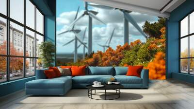 Wind power farm on a green hill. Blue cloudy sky. AI generated Wall mural