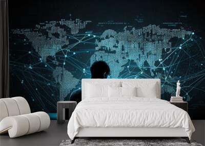 Scientists analyze information using a digital tablet and laptop. modern data visualizations, data network digital graphics, AI, and Generative AI digital Images. Wall mural