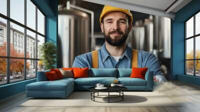 A confident man in a yellow hard hat and apron stands in a brewery, smiling with arms crossed, surrounded by stainless steel equipment. Wall mural