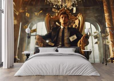 A man in a suit sits in a gold chair with a pile of money around him Wall mural