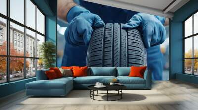 A mechanic inspects a tire, showcasing professionalism and attention to detail in a well-lit workshop environment. Wall mural