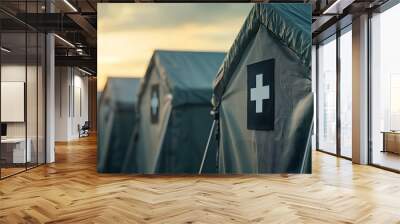 A row of medical tents with red crosses under a dramatic sunset sky. Ideal for health, emergency, and service-related themes. Wall mural