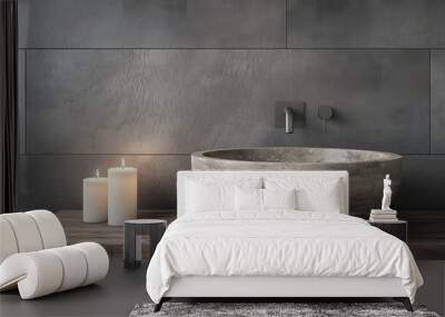 A serene bathroom scene featuring a stone basin, wooden countertop, and glowing candles against textured gray walls. Wall mural