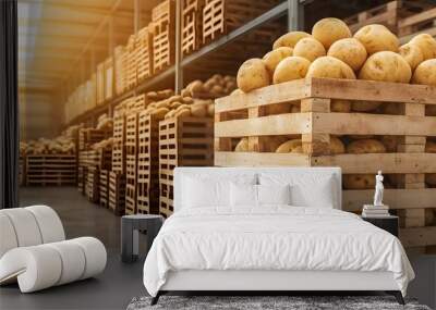 A well-organized warehouse filled with wooden pallets stacked high with fresh potatoes, illuminated by warm natural light. Wall mural