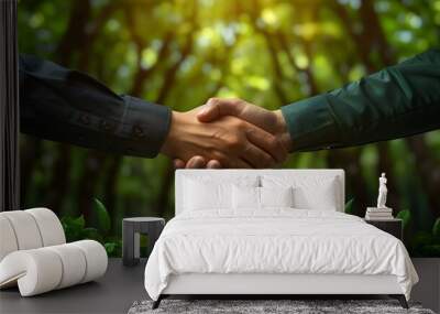 Business handshake with a green background of trees, representing eco-friendly partnerships, sustainable collaborations, green agreements Wall mural