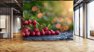 Cranberry bog filled with ripe cranberries, showcasing unique farming practices and a fruitful harvest Wall mural