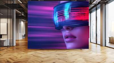 Futuristic portrait of a woman wearing VR headset, illuminated by vibrant neon lights, evoking a sense of technology and innovation. Wall mural