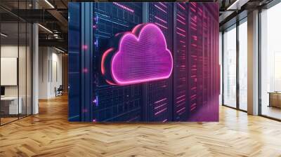 Vibrant cloud symbol in a data center, showcasing modern technology and digital storage solutions with colorful lighting. Wall mural