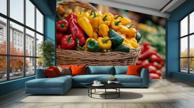 A basket filled with colorful peppers at a vibrant market. Wall mural