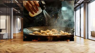 A chef sprinkles seasoning over sizzling food in a frying pan on a stove. Wall mural