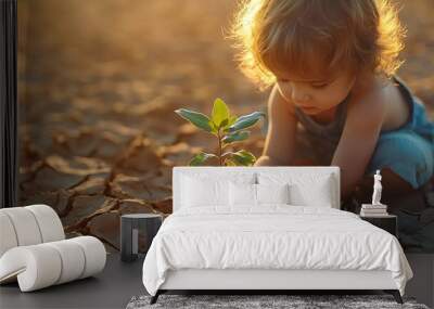 A child plants a small green seedling in cracked earth, symbolizing hope for the environment. Wall mural