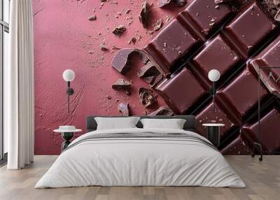 A close-up of dark chocolate pieces on a textured surface, showcasing rich colors. Wall mural