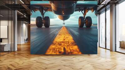 A close-up view of an airplane's landing gear on a runway at sunset. Wall mural