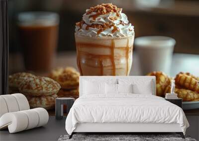 A delicious dessert scene featuring a creamy beverage topped with whipped cream and cookies. Wall mural