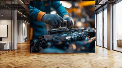 A mechanic working on an engine, using a wrench in a workshop environment. Wall mural